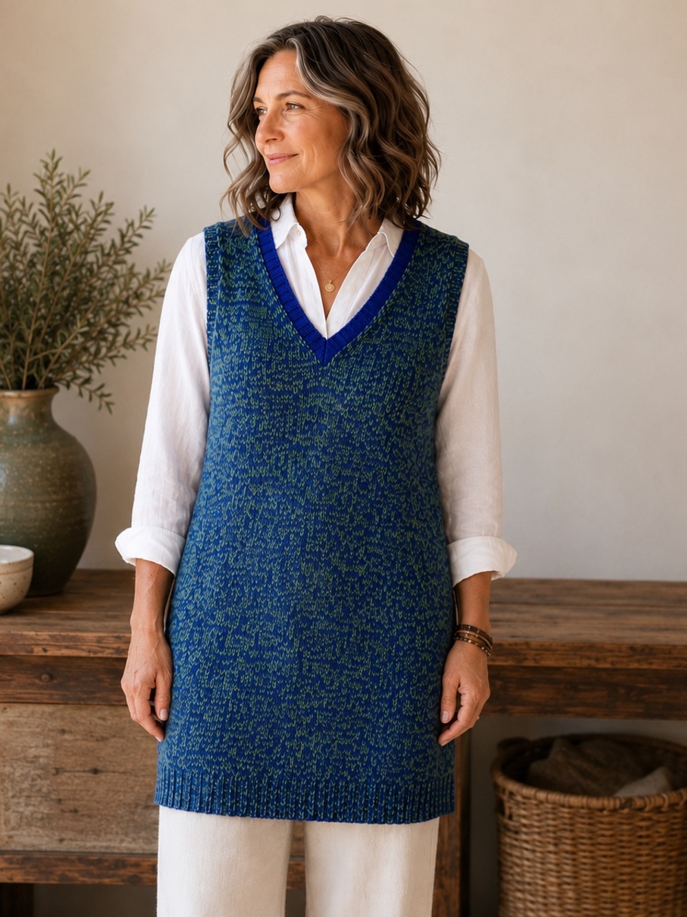 Handmade 100% Wool Longline Sweater Vest Blue Green Knit